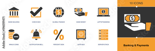 Banking and payments icon set. Containing bank, checkbox, finance globe, hand money, laptop banking, minus coins, percent sign, safe box, server stack and more. Solid fill vector icons.