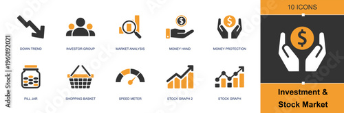 Stock market icon set. Containing down trend, investor group, market analysis, money hand, money protection, pill jar, basket, speed meter, stock graph and more. Solid fill vector icons.