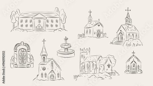 Church Wedding Chapels Collection Line Art