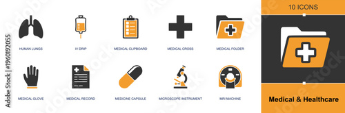 Medical and healthcare icon set. Containing lungs, IV drip, clipboard, medical cross, medical folder, glove, record, capsule, microscope, MRI machine and more. Solid fill vector icons.