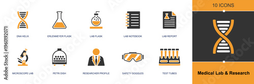 Medical laboratory and research icon set. Containing DNA helix, flask, lab bottle, notebook, report, microscope, petri dish, researcher, safety goggles and more. Solid fill vector icons.