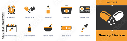 Pharmacy and medicine icon set. Containing alarm clock, broken pills, eye drops, first aid, health card, medication schedule, bottle, mortar pestle, OTC and more. Solid fill vector icons.