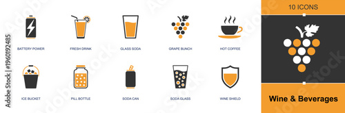 Beverage and drink icon set. Containing energy can, juice glass, soda cup, grape bunch, hot coffee, ice bucket, bottle jar, soda can, wine shield and more. Solid fill vector icons.