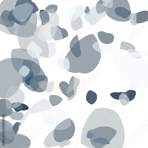 Gray and white abstract shapes pattern with various sized and overlapping rounded polygons on white background