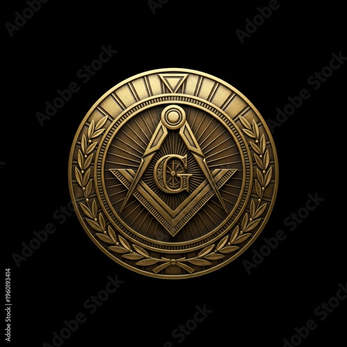 Golden freemason masonic compass and square emblem