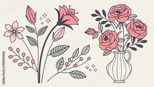 Beautiful romantic flower collection with roses, leaves, floral bouquets, flower compositions.
