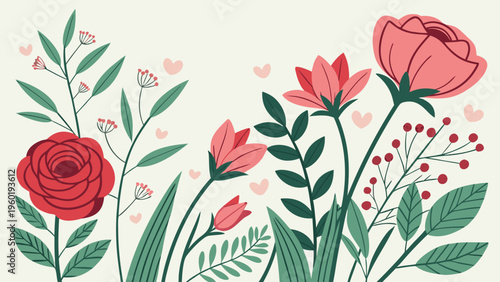 Beautiful romantic flower collection with roses, leaves, floral bouquets, flower compositions.
