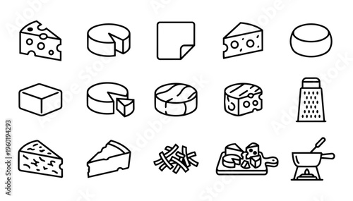 Cheese Variety Line Icons Set – Minimal Outline Dairy Types, Cheese Wedges, Blocks and Food Symbols