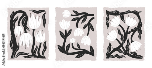 Nordic Folk Botanical Wildflowers in Linocut Style.Scandi Artwork with Tulips.Romantic Vintage Floral Prints with Subtle Gothic Aesthetic for Wall Decor,Branding,Stationery,Patterns,Textiles