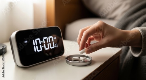 Woman taking medicine from bedside table at 10 AM