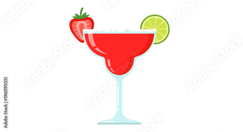 Strawberry Margarita Vector Illustration, Cocktail Drink, Summer Refreshment, Flat Design, Graphic