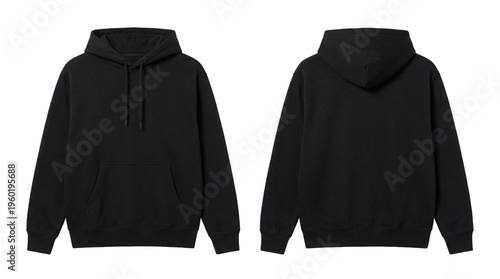 Black Pullover Hoodie Mockup Front and Back View Template for Custom Graphic Design Branding, Isolated on Transparent Background, png.