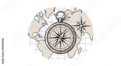 A vintage style compass sitting on a world map background illustration