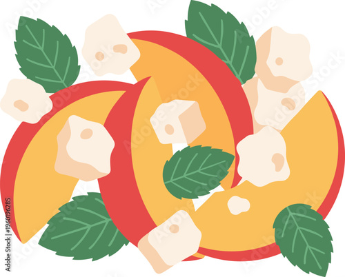 A vibrant illustration of sliced peaches with cubes of cheese and green leaves