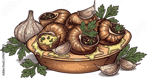 A plate of escargot with garlic and herbs on a wooden dish