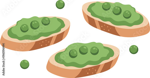 Three slices of toast with mushy peas floating in the air