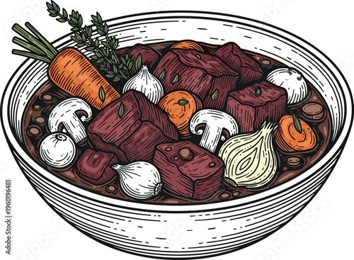 A hearty bowl of stew with beef and fresh vegetables is presented