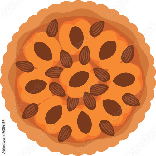 An illustration of a pumpkin pie with seeds on top in a baking dish