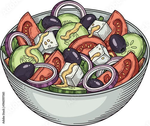 A vibrant and colorful Greek salad in a white bowl