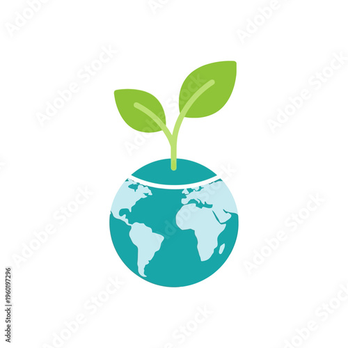 Flat color icon representing Earth with a sprout growing from the top, symbolizing growth and sustainability