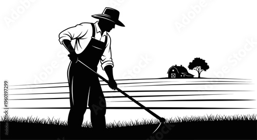 Silhouette illustration of a traditional farmer working the land with a hoe in a field, with a farmhouse and tree in the background.