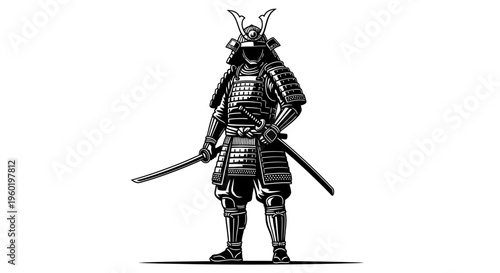 Traditional Japanese Samurai Warrior in Full Armor with Katana Sword - Black and White Vector Art Illustration