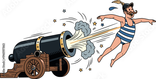 A cartoon man in a swimsuit is propelled out of a cannon