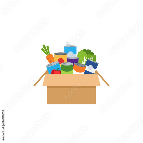 A cardboard box overflowing with a variety of canned goods and fresh produce, symbolizing community support and food drives for those in need