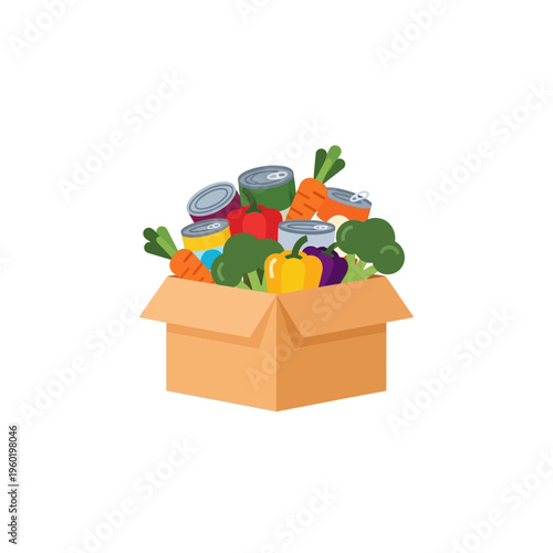 Colorful flat vector illustration of a donation box filled with fresh groceries and canned goods, representing community food support and aid for those in need
