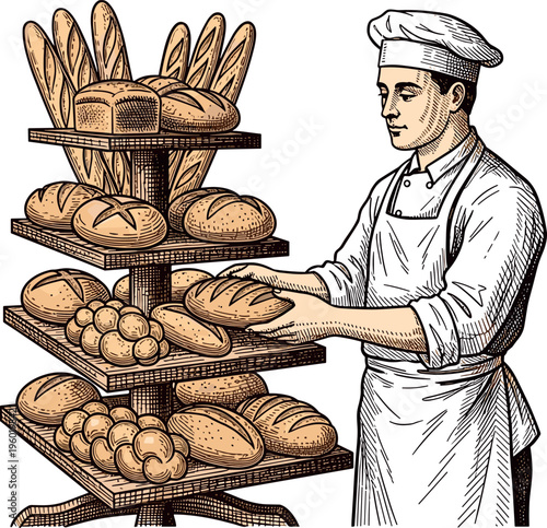 A baker in a white uniform arranging bread on a multi-tiered display