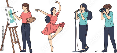 Four young women engaged in various artistic pursuits and activities together