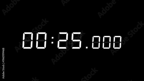 7 digits white digital countdown timer starting at 00:30:00 (30 seconds) on black background, featuring crisp seven-segment numerals with minutes, seconds, and milliseconds displayed prominently.