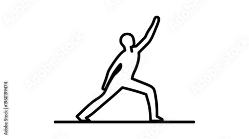 A simple outline of a person in a yoga pose, with one arm reaching upwards