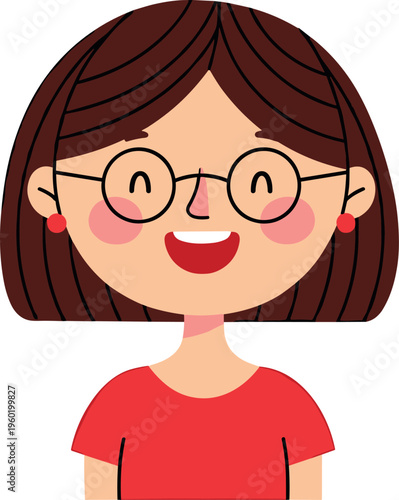A cartoon illustration of a smiling woman with glasses and brown hair