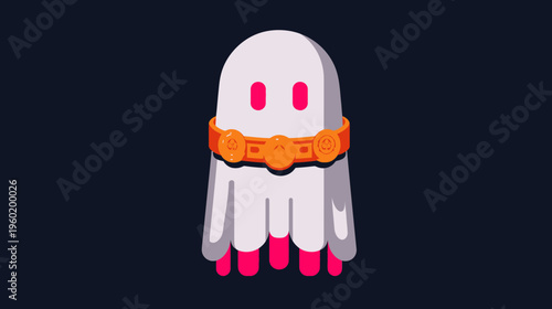 Pixelated ghost figure with an orange belt on a dark blue background