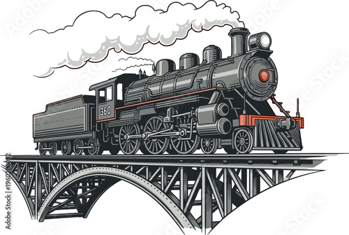 A vintage steam train travels across a metal bridge with smoke billowing