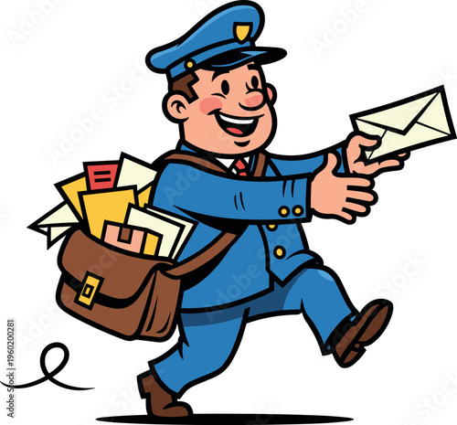 A cheerful cartoon mailman running while delivering a letter quickly