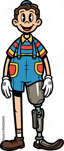 A cheerful cartoon man with a prosthetic leg wearing blue overalls