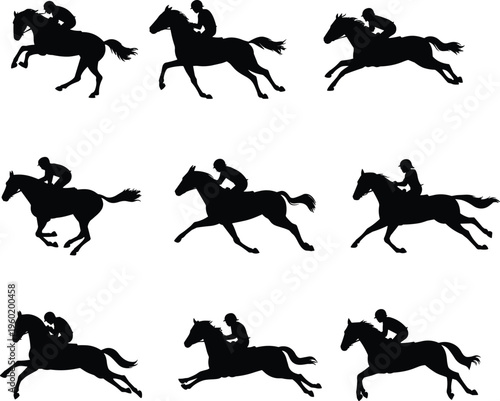 Horse riding silhouettes collection, jockey racing poses set, equestrian sport illustration, isolated vector riders, galloping horses action, competition training bundle