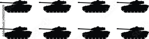 Military tank silhouettes set, armored vehicle collection, combat defense illustration, war machinery concept, isolated vector tanks, battlefield equipment bundle