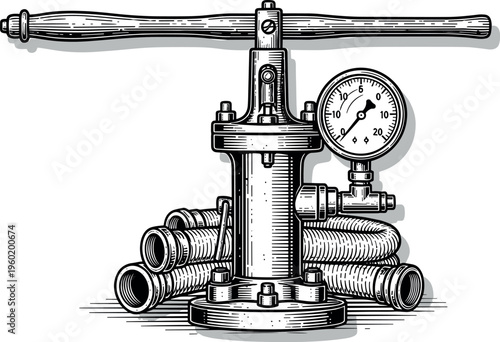 An industrial valve with a pressure gauge and pipes in a detailed illustration