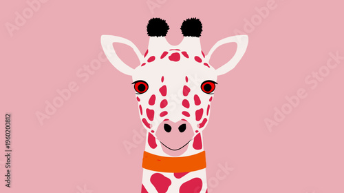 A smiling, cartoon giraffe with a spotted pattern and red eyes on a pink background