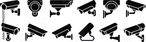 Security camera silhouettes set, CCTV surveillance icons collection, monitoring system equipment, safety technology symbols, black vector illustration, protection and security concept