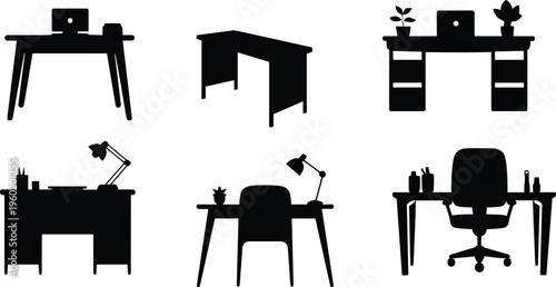 Office desk silhouettes set, workspace furniture collection, modern workstations with laptop and chair, black vector illustration, home office interior design elements