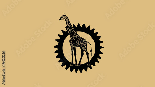 A tall giraffe silhouette stands inside a gear. The background is a solid tan color
