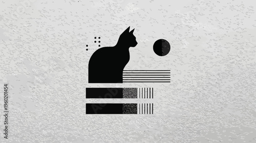 Black cat silhouette atop geometric shapes on a textured, grayscale background with a moon