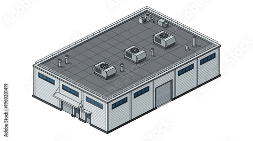 Isometric view of a commercial warehouse building with rooftop HVAC units and loading bay doors