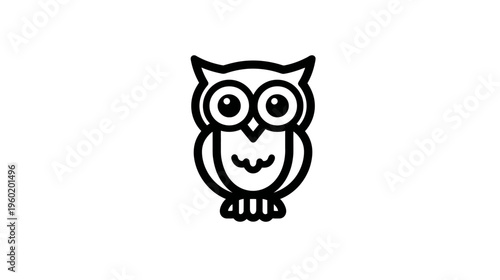 Black and white illustration of a stylized owl with large eyes and a curved beak