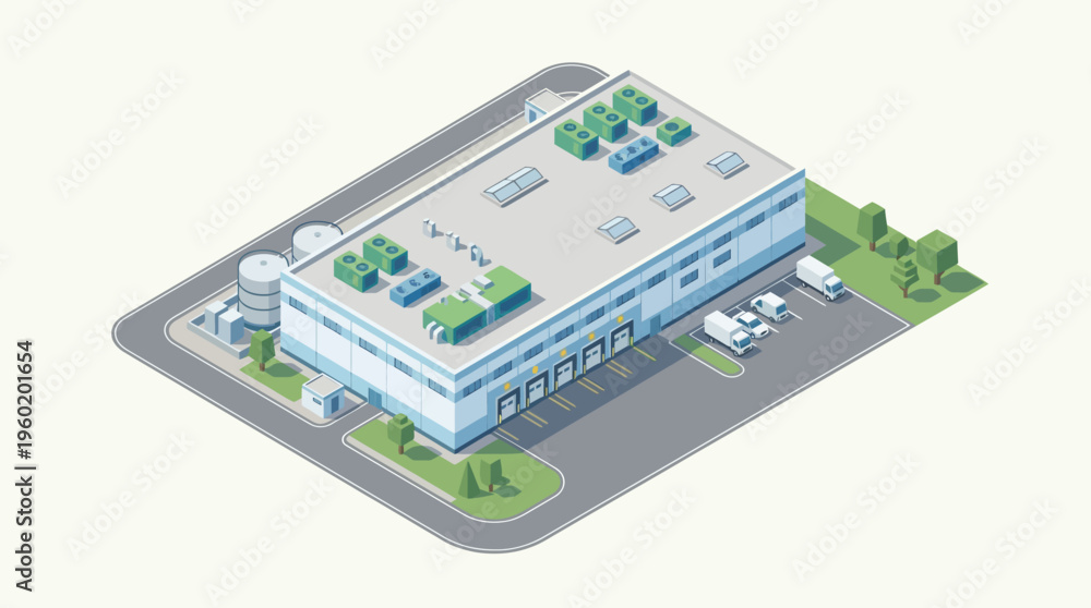 Obraz premium Isometric illustration of a modern industrial warehouse. Large factory building with trucks, symbolizing global logistics, efficient supply chain, and manufacturing operations. Distribution center