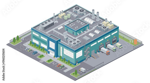 Isometric industrial factory building with loading docks and delivery trucks in an urban setting